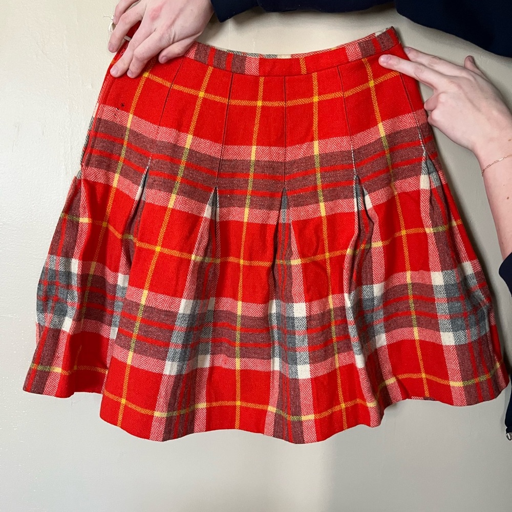 Vintage 1960s Wool Orange + Brown Plaid Cheerleader Skirt - Size Small-Medium